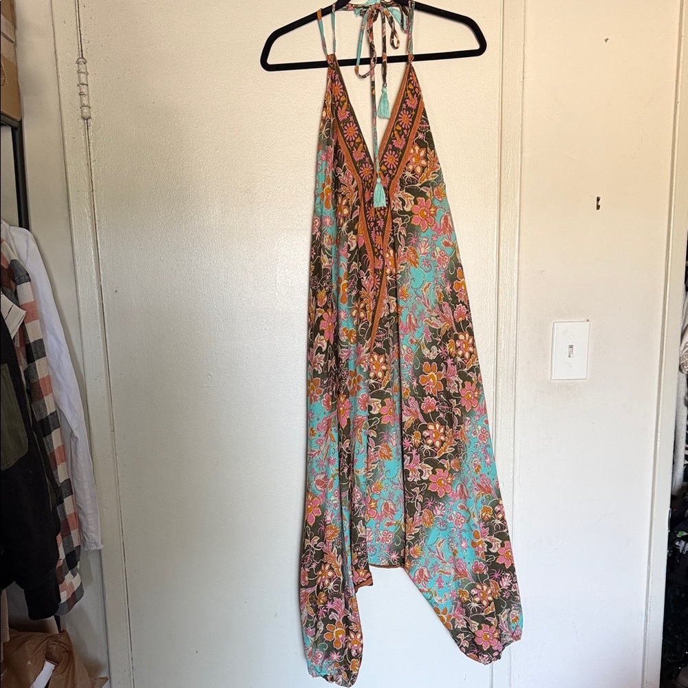 Floral Multi-Strap One Size Jumpsuit Romper in Teal and Brown